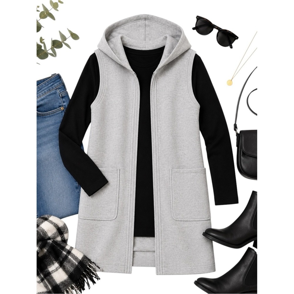 Adrienne Vittadini Gray Hooded Wool Blend Open Front Long Vest Plus Size 1X EUC